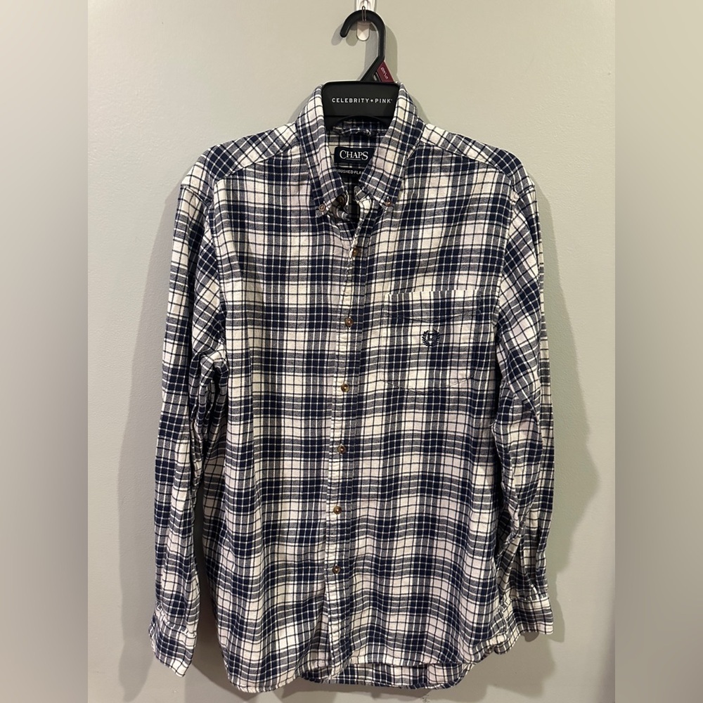 Chaps Brushed Flannel Plaid Button Down Shirt LT Large Tall Blue White Cotton